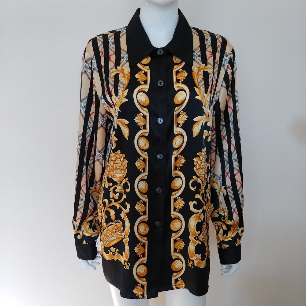 IMPRESSION 90s OVERSIZED GRUNGE BAROQUE CHECK PLAID CROWN PRINT SATIN TOP L